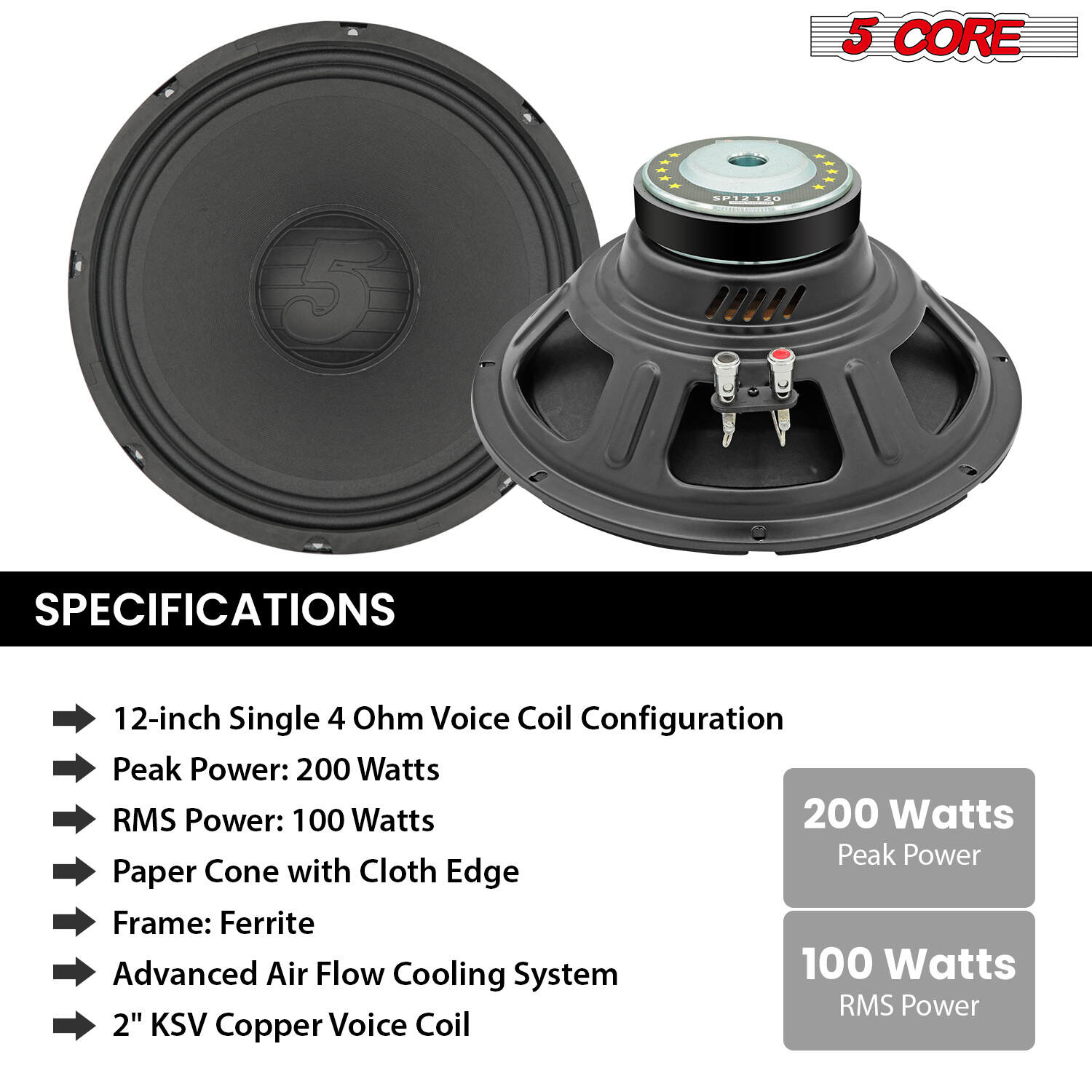 5 Core 12 Inch Speaker 200W Car Loudspeaker 4 Ohm Replacement Driver w 30 Oz Y30 Magnet for Vehicle-SP 12120 4OHMS