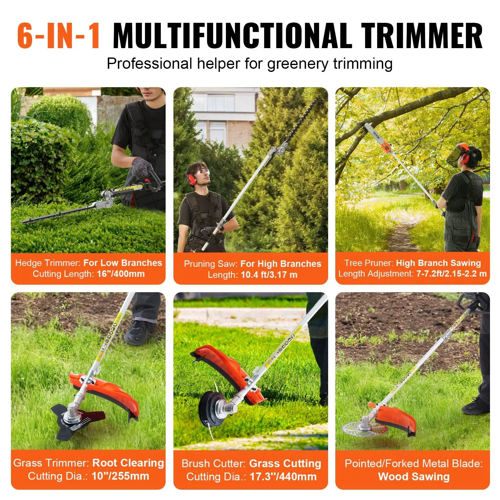 6-in-1 Multi-Functional Trimming Tools with Gas Hedge Trimmer,  , Weed Eater, String Trimmer, Brush Cutter, Edger & Pole Saw Chainsaw Pruner Whacker Shoulder VEVOR Super Brand Day