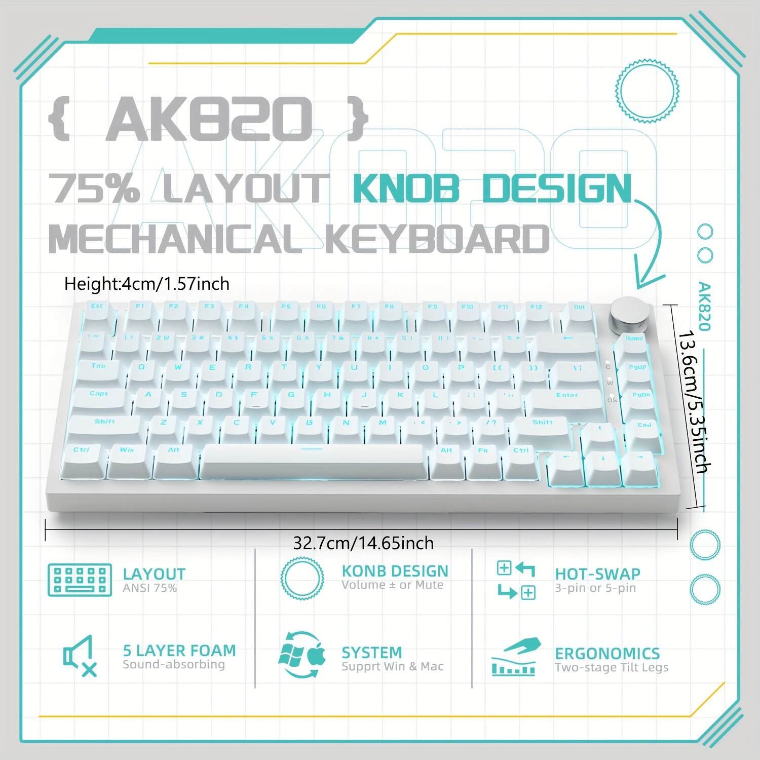 Wired Mechanical Gaming Keyboard 75% With Knob, Hot Swap, Gasket, Upgraded Socket& 5-Layer Noise Absorbing Foams, 82 Keys, Ice Blue Backlit, NKRO Blue Switch