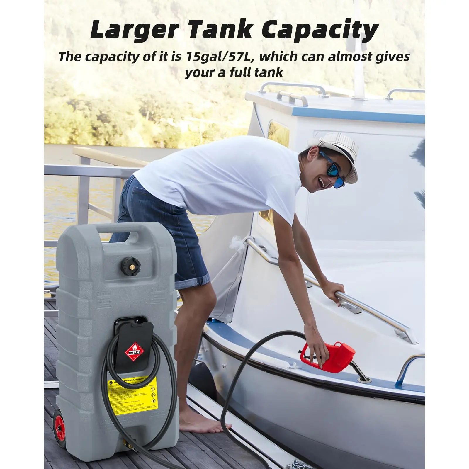 Portable Fuel Caddy with 10-ft Hose, Siphon Pump, and 7.5 L/min Manual Nozzle, Available in Gray, Red, and Yellow for Efficient Fuel Transfer and Storage.
