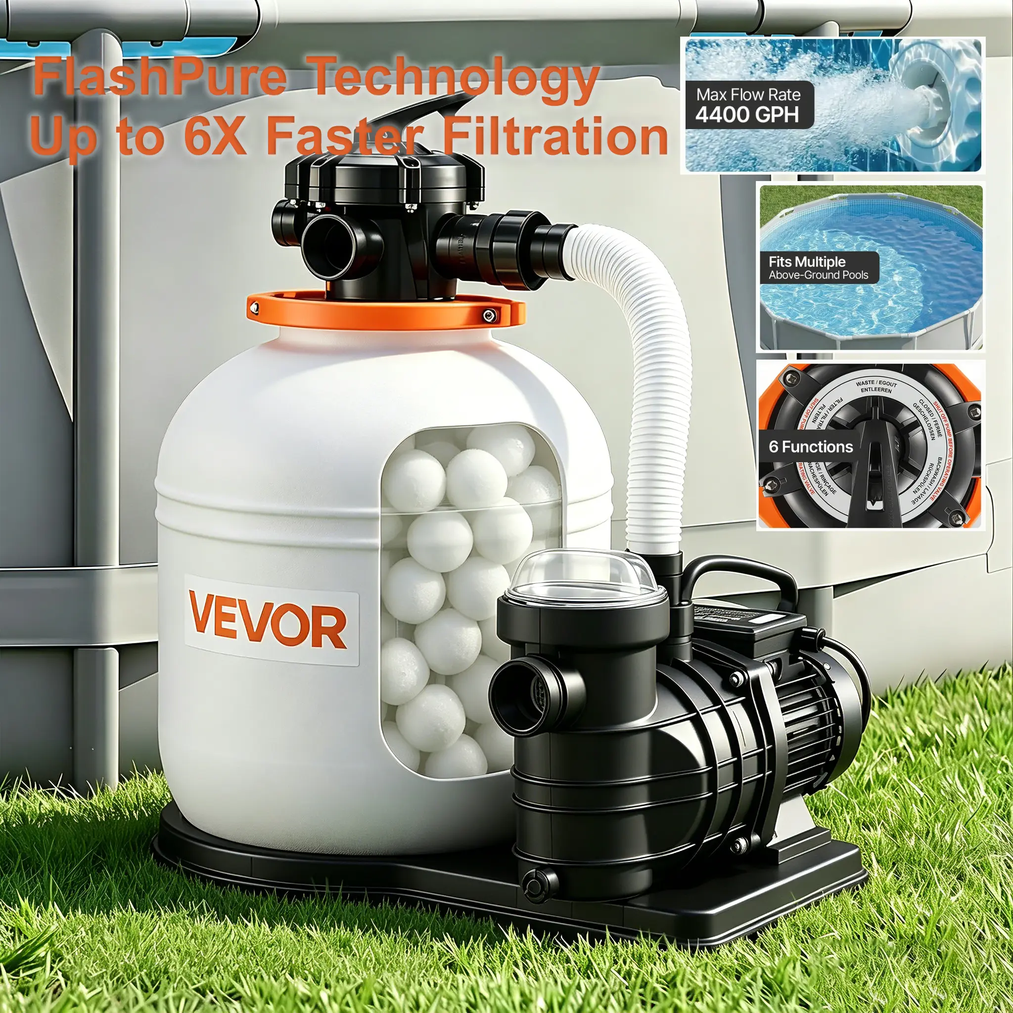 Sand Filter Pump, 16 in for Above Ground Pool, 1 HP 4400 GPH, Swimming Pool Filter System with Timer, 6X Faster Filtration with Media Installed, Leak-Resistant, Ready to Use Out of Box