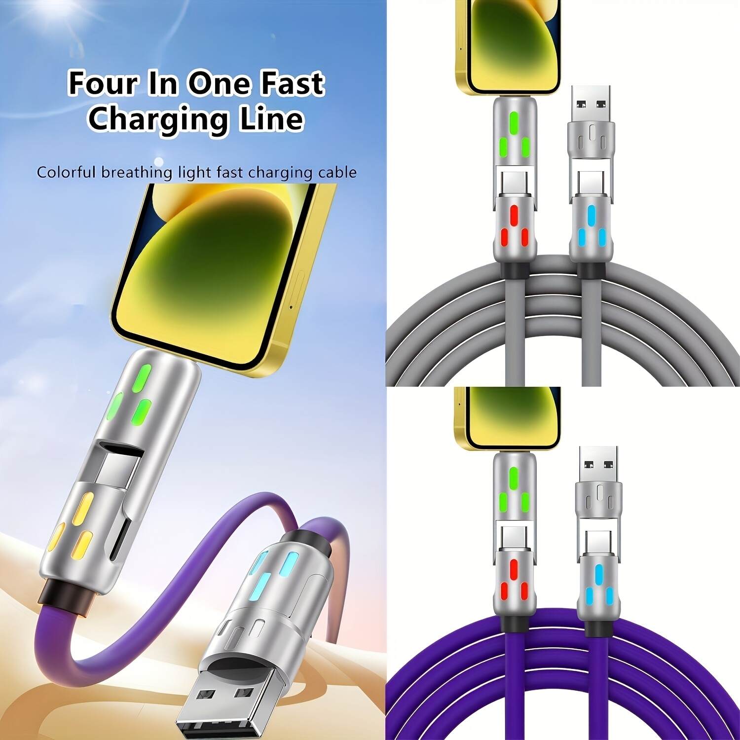 [Fast Charging Cable] 4-in-1 Fast Charging USB Type-C Cable | Full Line Compatibility for iPhone 15/14/13/12, Xiaomi, Samsung, Oneplus - Multi-Color LED Indicator, High-Speed Charging, No Battery, USB Powered, for KADIXI