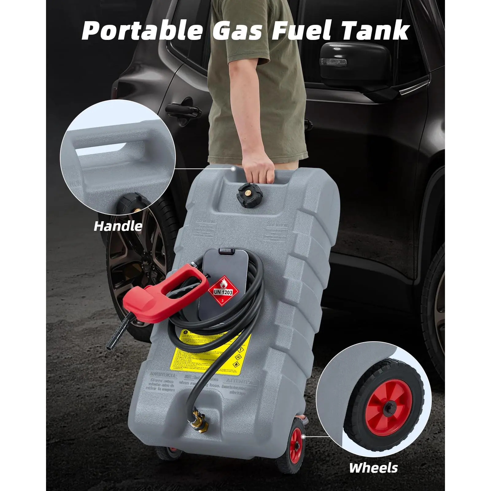 Portable Fuel Caddy with 10-ft Hose, Siphon Pump, and 7.5 L/min Manual Nozzle, Available in Gray, Red, and Yellow for Efficient Fuel Transfer and Storage.