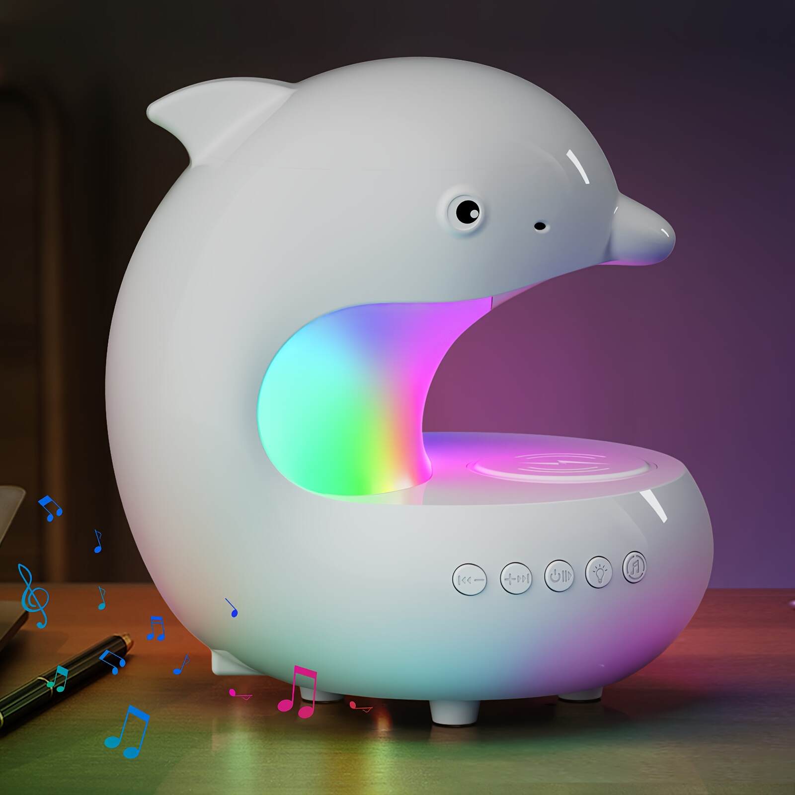 Wireless Speakers with Wireless Charging, Rhythm RGB Lights, 1200mAh Cute Dolphin Smart Lights, Bedroom Night Lights, dimmable Table Lamp, Perfect Gift Idea for Friends on Holidays & Birthdays