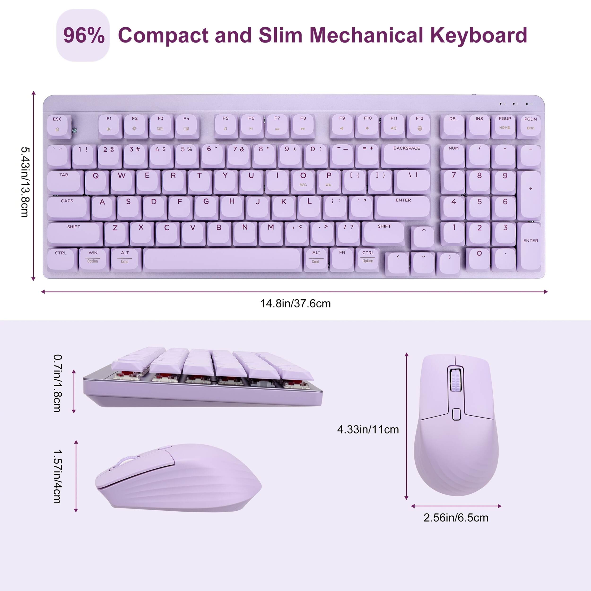 Wireless Mechanical Keyboard And Mouse, 2.4Ghz Cordless Mechanical Keyboard And Silent Mouse, Low-Profile Red Switch, 98-Key Compact Slim 96% Keyboard for Windows/MacOS PC Laptop