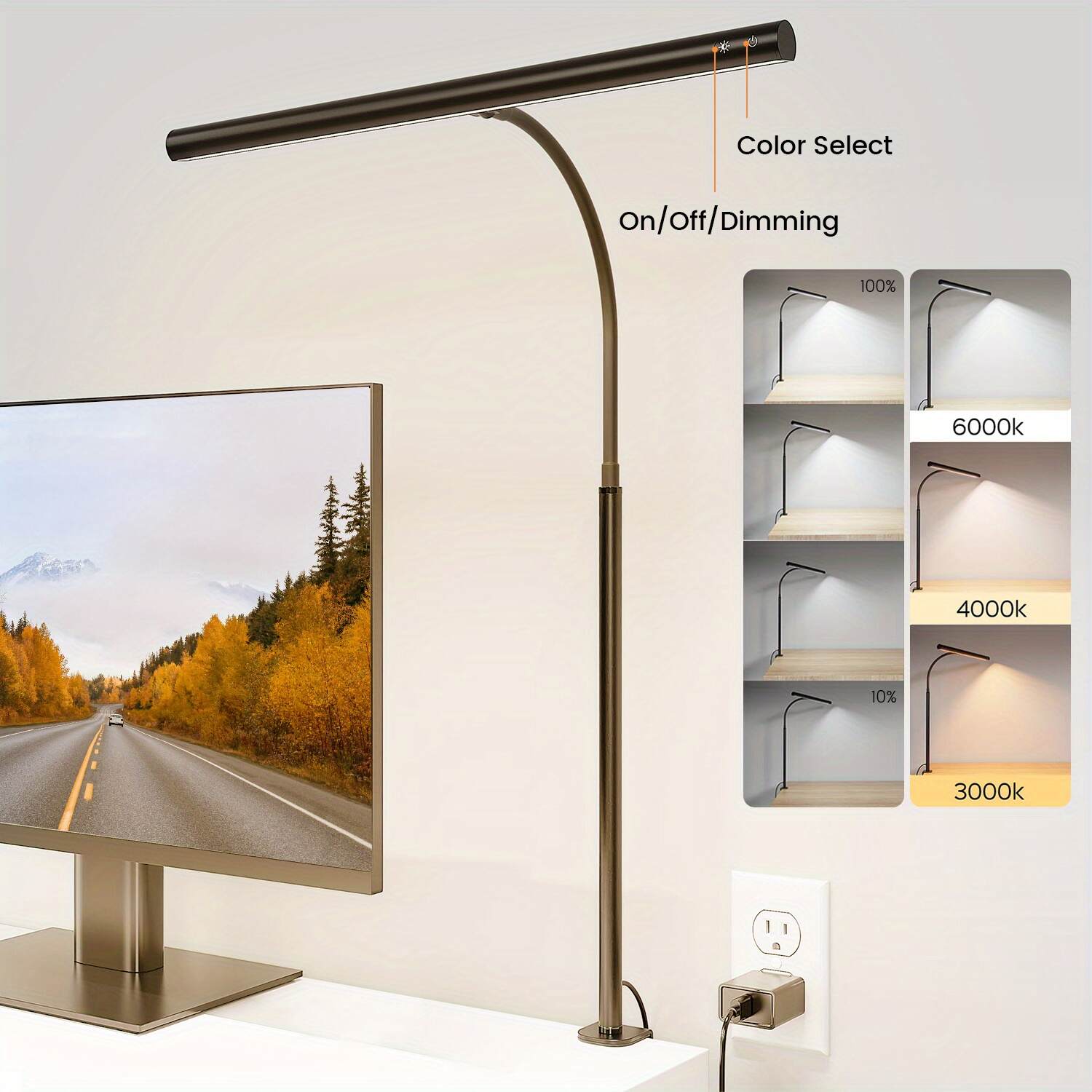Desk Lamp for Home Office, Eye-Caring Desk Light with Adjustable Gooseneck, 12W Touch Control Dimmable Brightness, Architect Clamp Lamp for Computer Monitor
