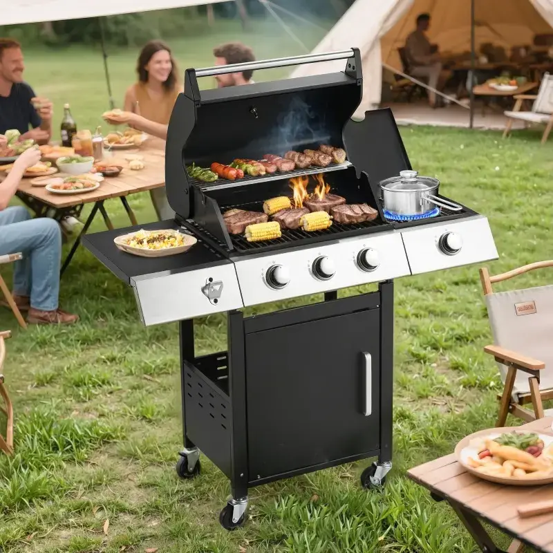 3-Burner Outdoor Barbeque Grill - Side Burner & Cast Iron Grates, 43.3