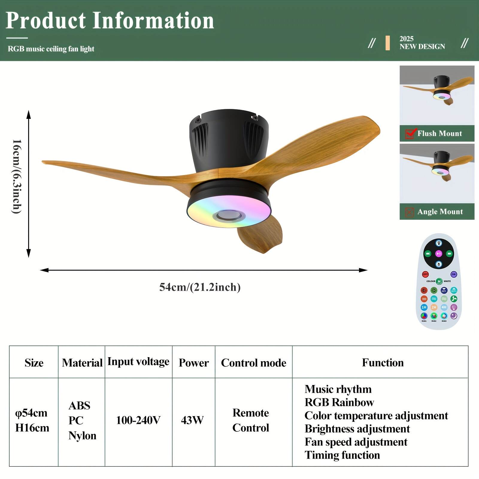 Smart RGB Rainbow Music Rhythm Speaker LED Fan with Light, 3-speed Socket Fan Light, Remote Control Timing, 3 Colors 3000-6500k Dimmable, Suitable for Home, Office, Restaurant, Party