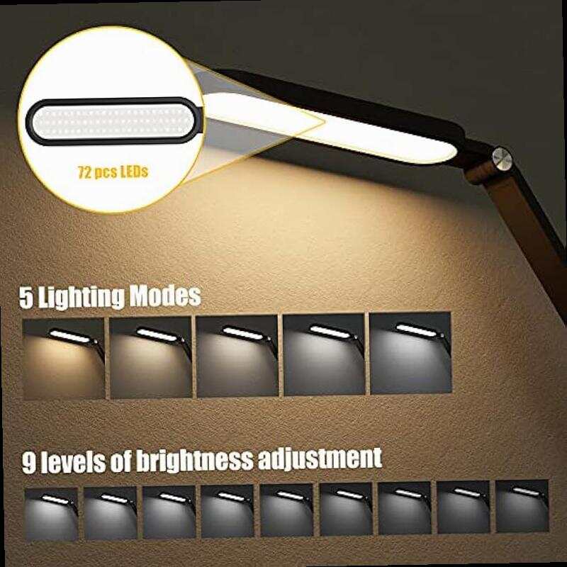 Desk Lamp Eye Caring Table Lamps Natural Light Protects Eyes Dimmable Office Lamp with 5 Color Modes USB Charging Port Touch Control and Memory Function 10W Reading Lamp Black