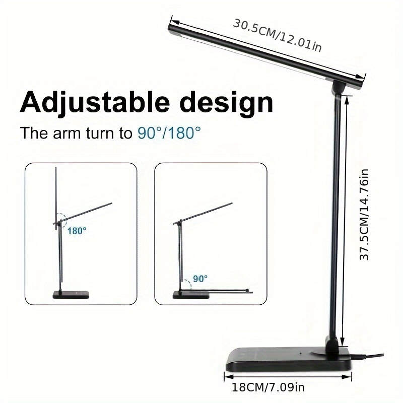 Adjustable LED Desk Lamp with Touch Control, 5 Lighting Modes & Brightness Levels, 45-Minute Auto Timer, USB Powered, Eye-Caring Dimmable Table Lamp for Home, Office, and Reading - White/Black