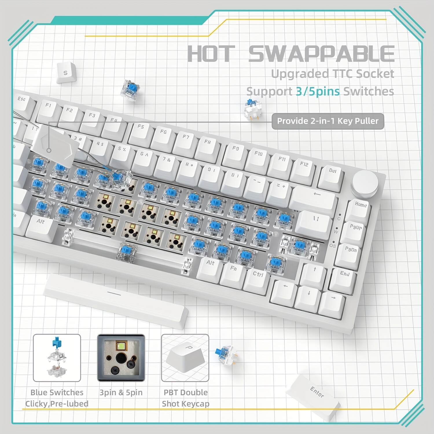 Wired Mechanical Gaming Keyboard | 75% Compact Design, Hot Swappable, PBT Keycaps, Ice Blue Backlit, Ergonomic Layout, Durable Metallic Finish | Efficient Typing for PC/Win/Mac