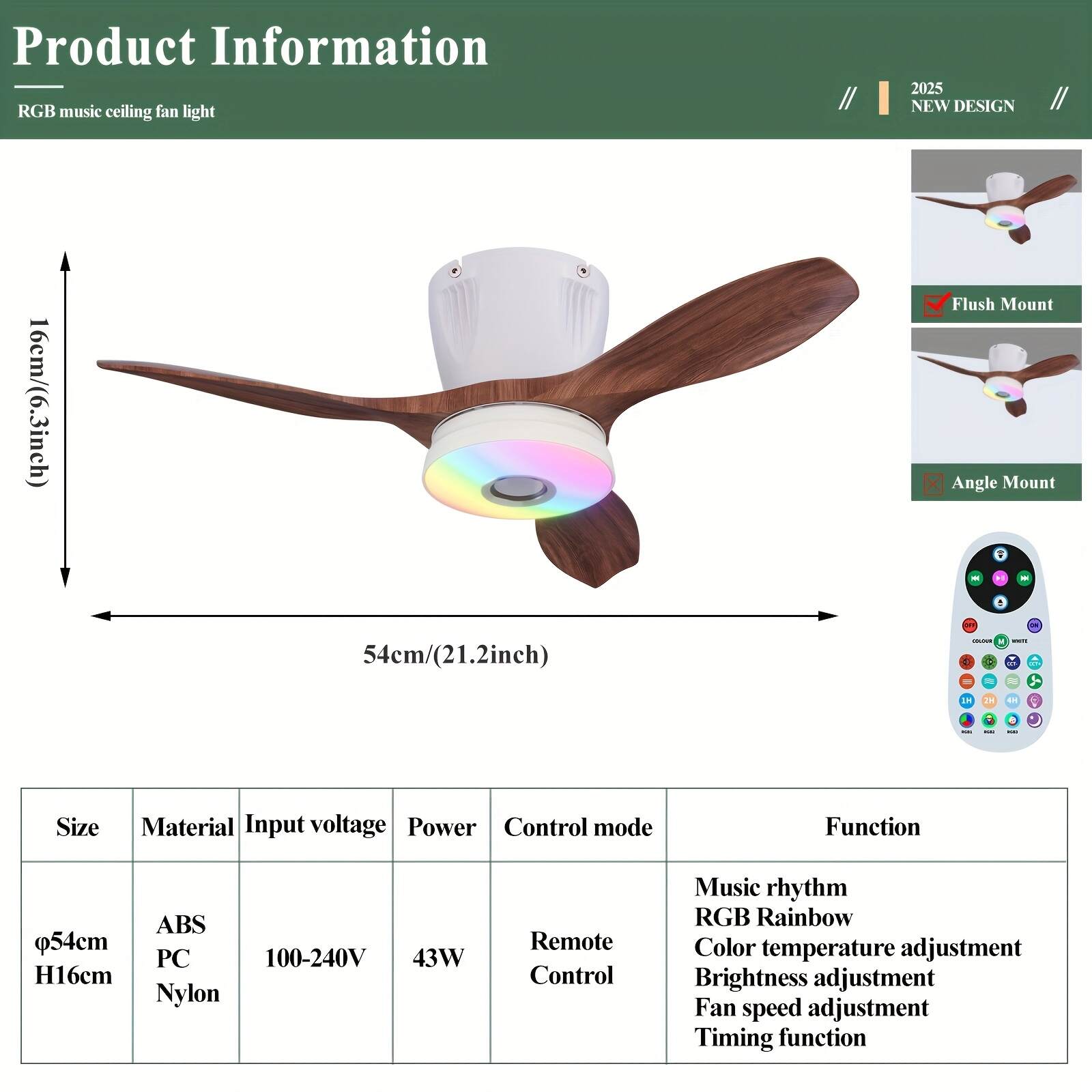 Smart RGB Rainbow Music Rhythm Speaker LED Fan with Light, 3-speed Socket Fan Light, Remote Control Timing, 3 Colors 3000-6500k Dimmable, Suitable for Home, Office, Restaurant, Party