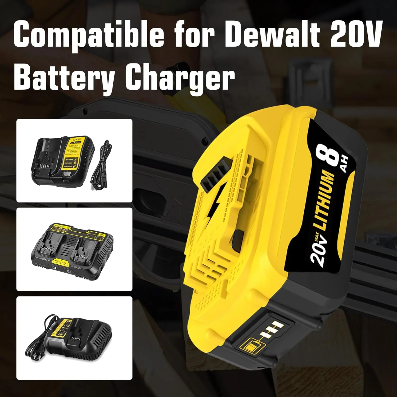 4- Pack 8.0Ah 20 Volt Lithium ion Battery and DCB104 Charger Station Compatible with 20V Max Batteries DCB201 Cordless Power Tools