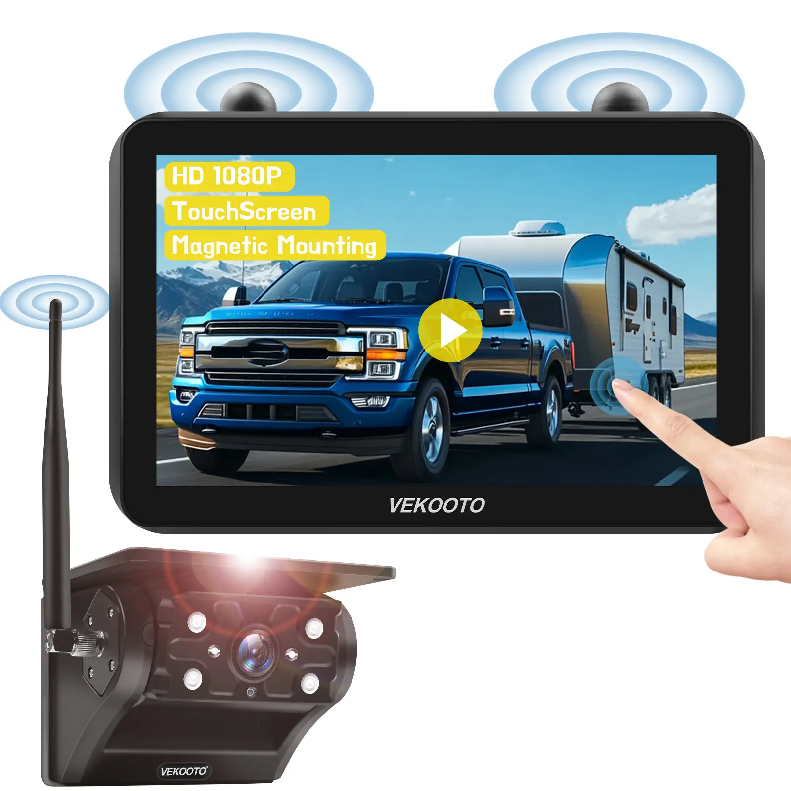 VEKOOTO VK7 Magnetic Solar Wireless Backup Camera 7'' IPS Touchscreen Monitor HD1080P No Wiring Rechargeable Camera for RV Trailer Camper Car Blind Spot Truck Automotive Backup Camera for Truck IP69 Waterproof IR Night Vision SummerVibes farmer