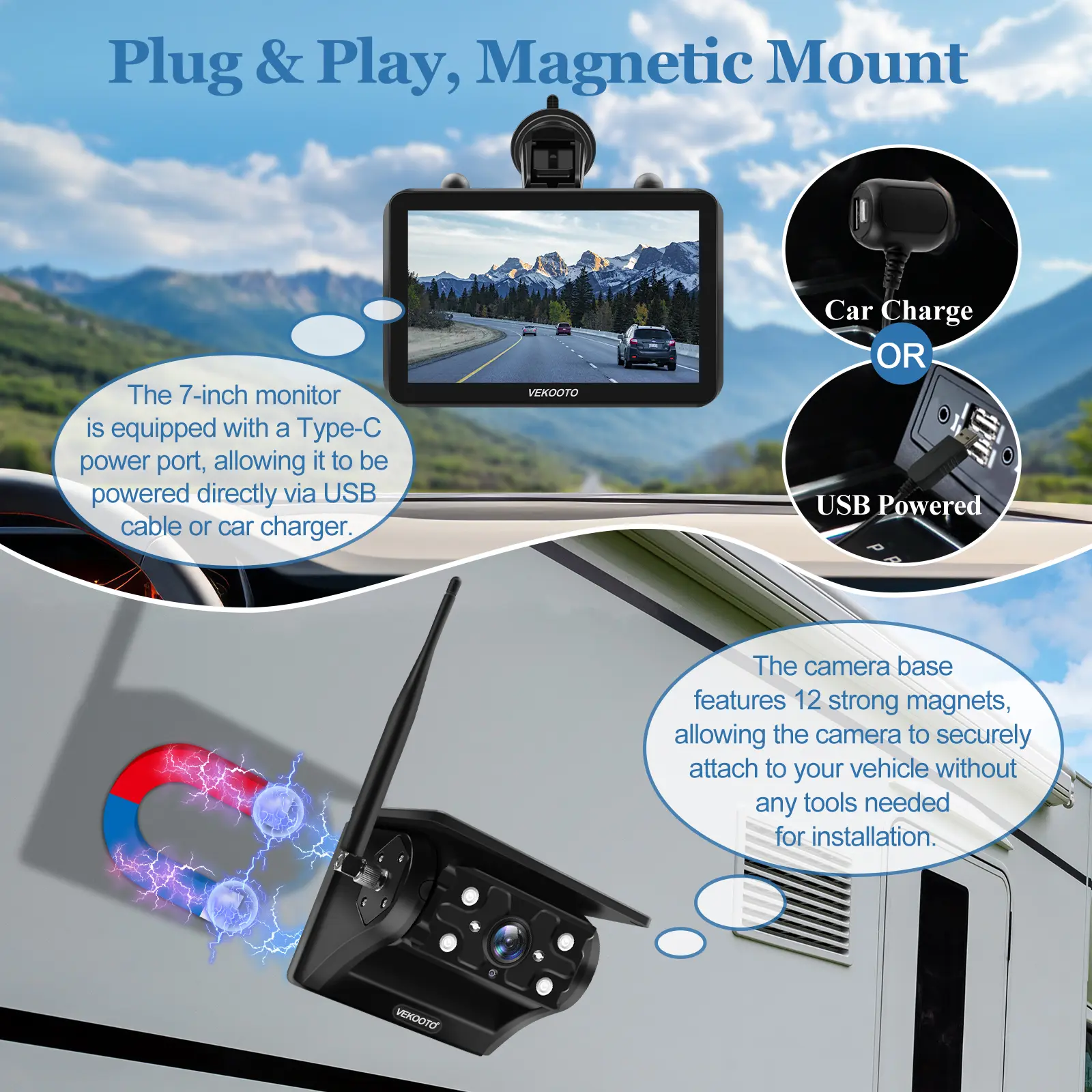 Magnetic Solar Wireless Backup Camera 7'' IPS Touchscreen Monitor HD1080P No Wiring Rechargeable Camera for RV Trailer Camper Car Blind Spot Truck Automotive Backup Camera for Truck IP69 Waterproof IR Night Vision SummerVibes farmer