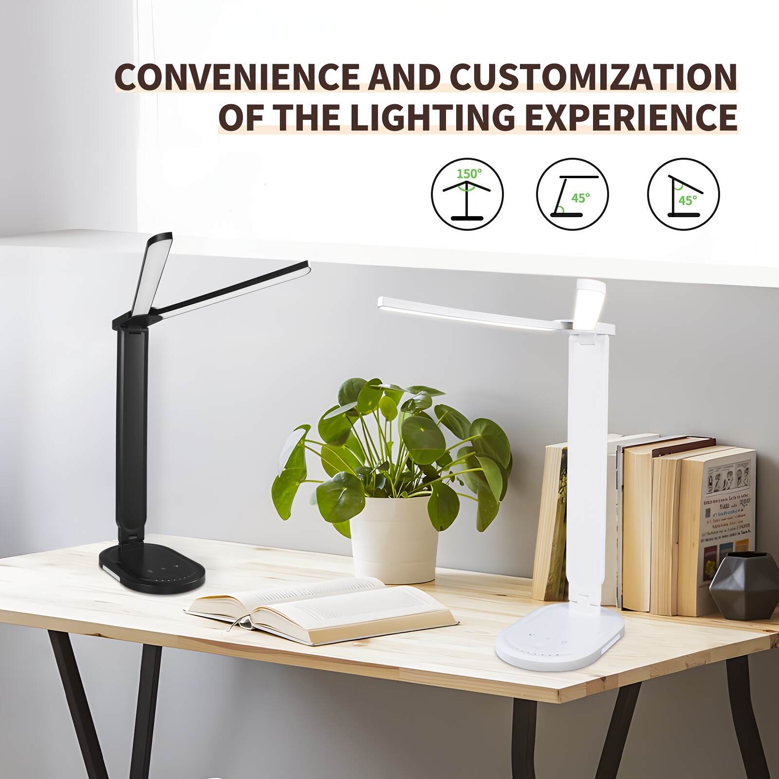 2pcs Adjustable & Foldable LED Desk Lamps with Dual Arms, Touch Control, Eye-Care Technology, USB-Powered, White/Black - Ideal for Home Office, Study, Crafting, Study Desk Lamp | Sleek Design | Versatile Positioning