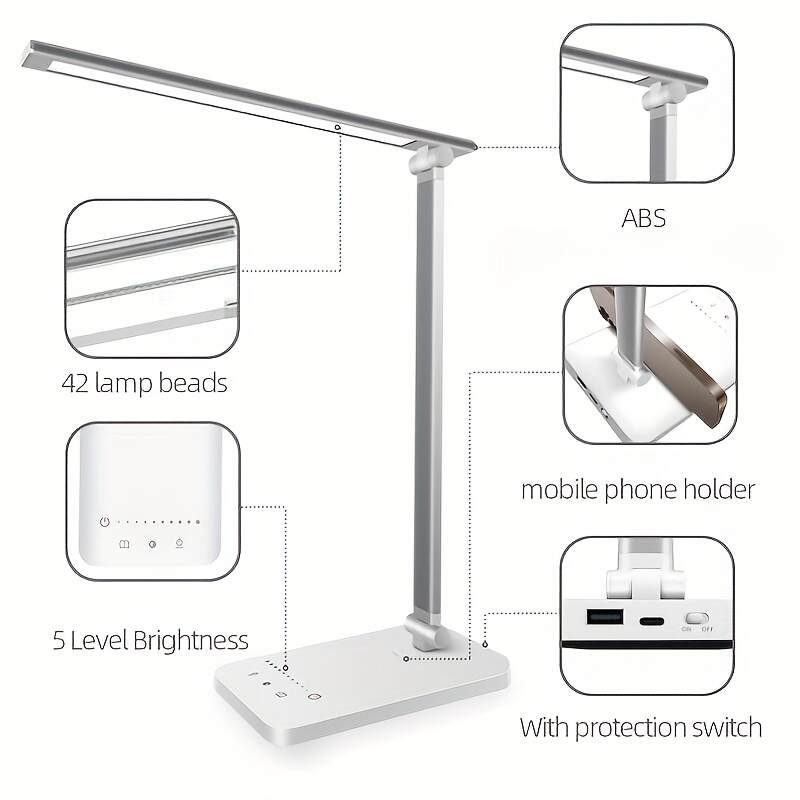 Adjustable LED Desk Lamp with Touch Control, 5 Lighting Modes & Brightness Levels, 45-Minute Auto Timer, USB Powered, Eye-Caring Dimmable Table Lamp for Home, Office, and Reading - White/Black