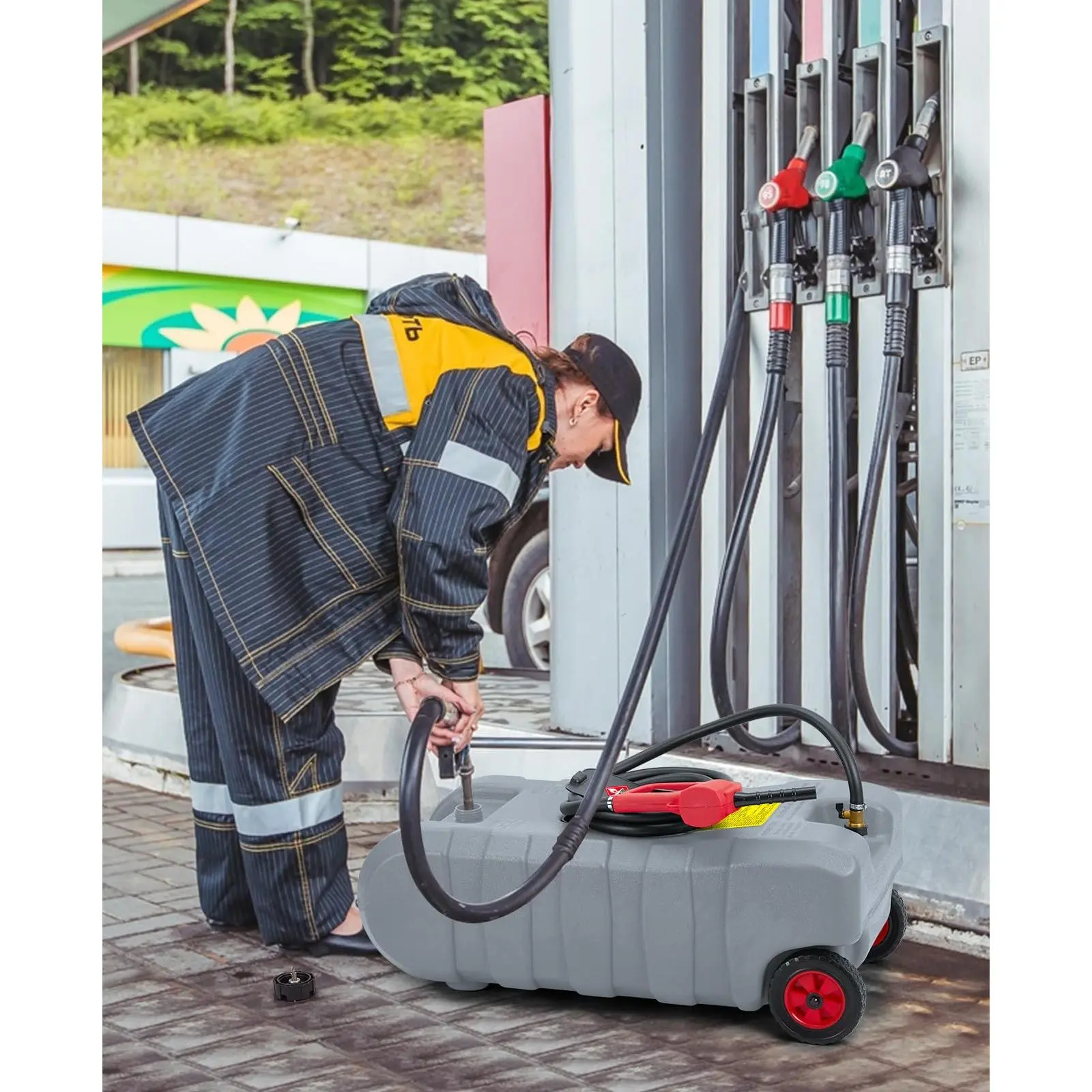 Portable Fuel Caddy with 10-ft Hose, Siphon Pump, and 7.5 L/min Manual Nozzle, Available in Gray, Red, and Yellow for Efficient Fuel Transfer and Storage.