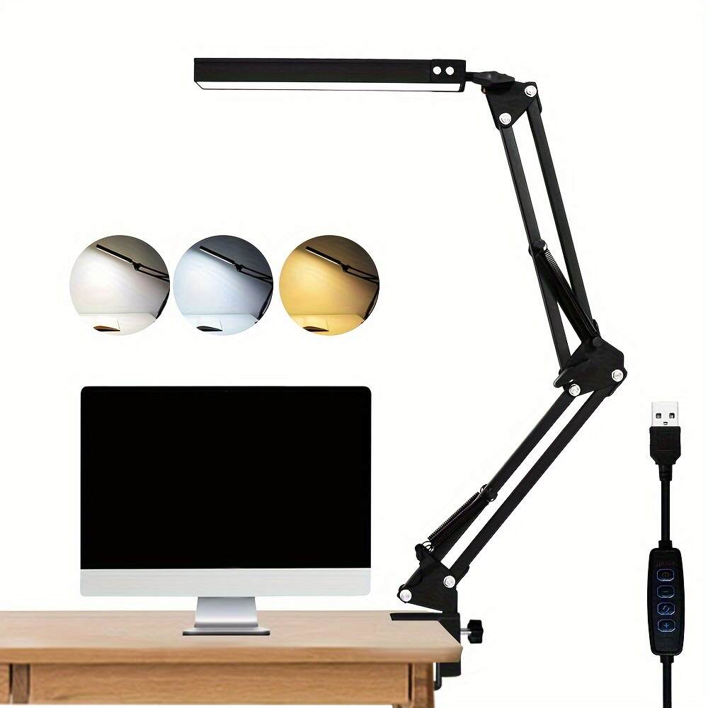 Adjustable LED Desk Lamp with Clamp - Foldable Arm, 3 Lighting Modes, USB Powered, Eye-Care Technology, Polished Metal Finish, Ideal for Office, Reading, and Study, Office Desk Light | Modern Desk Lamp | Metal Desk Lamp, Desk Lamps for Offic
