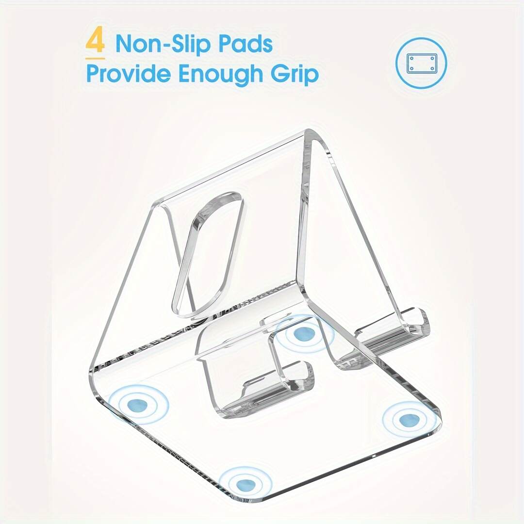 [Clear Phone Stand] Universal Clear Acrylic Phone Stand | ABS Material, Non-Slip Pads, Charging Hole, Ergonomic Design for All Smartphones 4-8 Inches - Office Desk Accessories