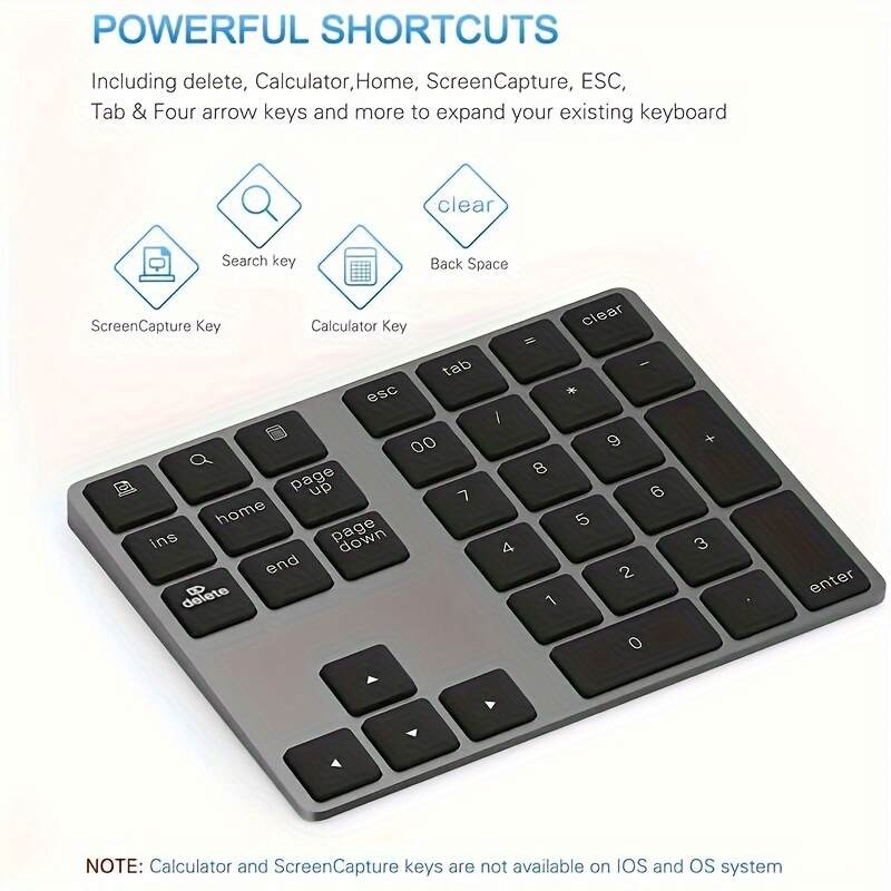 [Wireless Numeric Keyboard] 1pc Wireless 34-Key Numeric Keyboard | USB-C Rechargeable with Smart Recognition System, Compatible with MAC OS Computers, Includes USB Cable, Lithium Polymer Battery - Type-C Charging