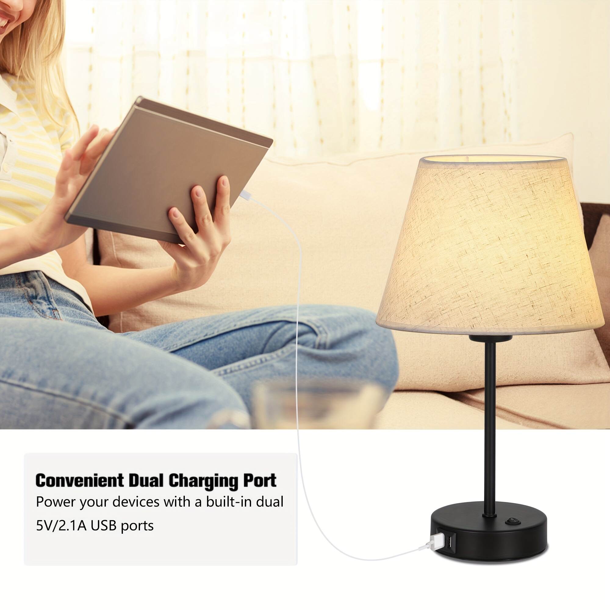 Modern Table Lamps Set Of 2 with Dual USB Charging Ports - Perfect for Bedroom, Living Room, Study Room