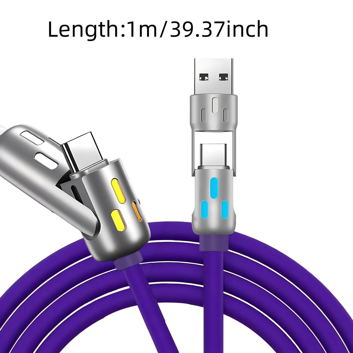[Fast Charging Cable] 4-in-1 Fast Charging USB Type-C Cable | Full Line Compatibility for iPhone 15/14/13/12, Xiaomi, Samsung, Oneplus - Multi-Color LED Indicator, High-Speed Charging, No Battery, USB Powered, for KADIXI