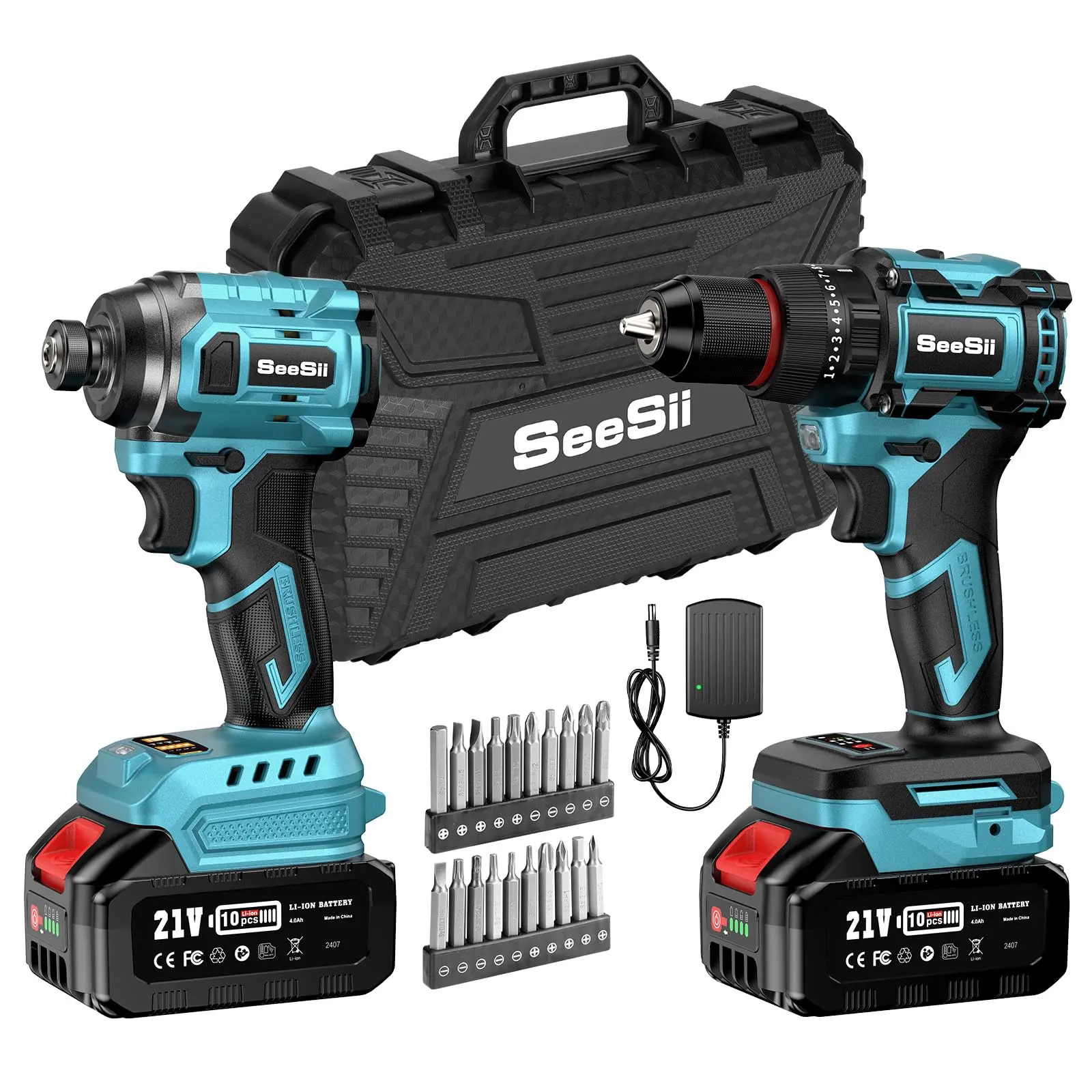 3/8'' Brushless Cordless Drill and 1/4'' Impact Driver Combo Kit with 2 Batteries, 21V Max Electric Brushless Power Tool Set with Fast Charger